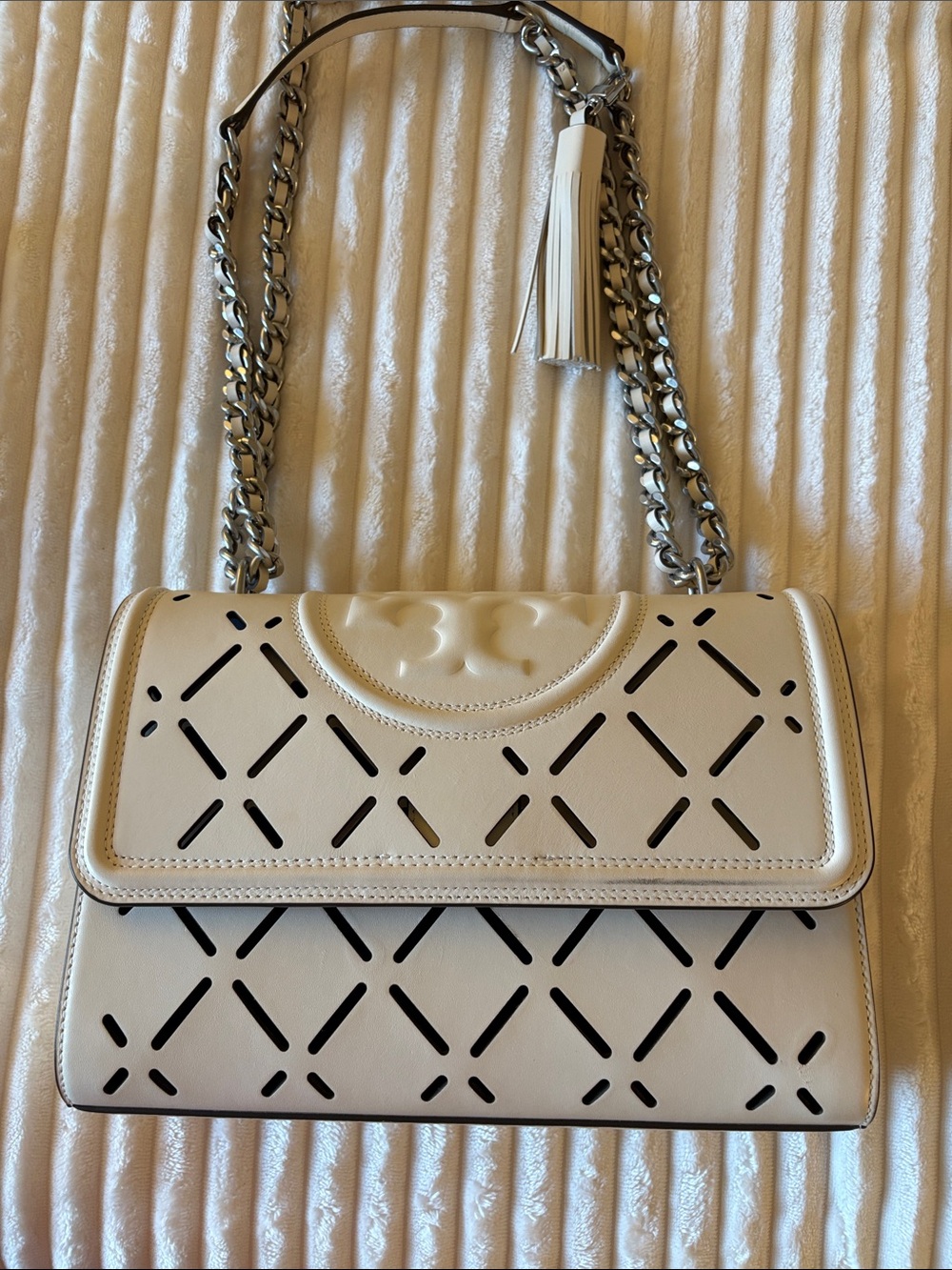 Tory Burch White Laser-Cut Leather Shoulder Bag with Chain Strap